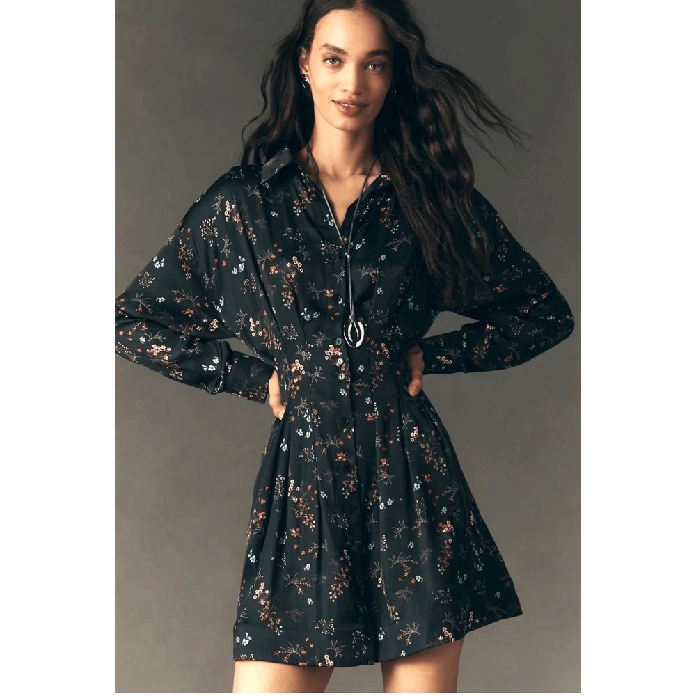 Exquise Anthropologie Floral Shirt Dress Black Satin Pleated Mini Pockets Size M